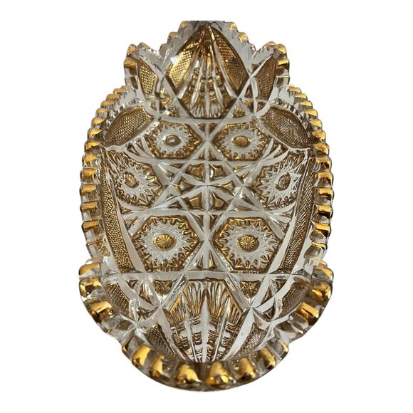 Vintage Clear & Gold Pressed Glass Oval Dish With Intricate Starburst & Geometri - Picture 10 of 10